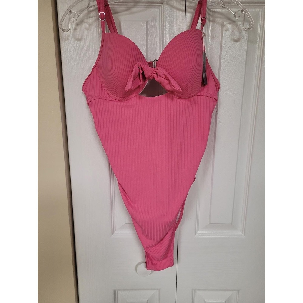 Summer Mae Swimsuit‎ Ribbed Hot Pink Barbie Tie Front Cutout Ruched Sides Size M
